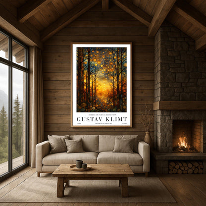A vertical exhibition-style poster featuring a stylized forest in the style of Gustav Klimt. Slender trees with dark, leaded outlines are filled with golden and amber hues. A brilliant, warm light glows from the center forest floor. The sky is filled with circular mosaic patterns and golden stardust. The bottom features white margins with bold text reading "GUSTAV KLIMT."