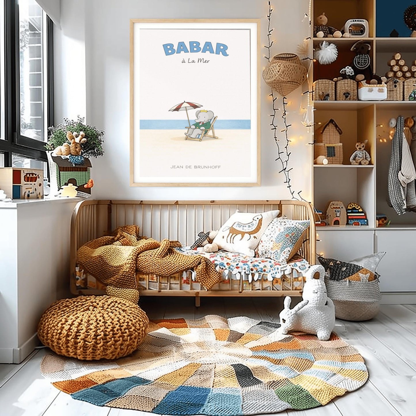 A vertical children's illustration poster titled "BABAR à La Mer" in light blue. In the center, an elephant (Babar) in a green suit and crown is sitting in a wooden lounge chair on a sandy beach. A red and white striped umbrella is behind him. In the background, a thin blue line represents the sea under a white sky. The name "JEAN DE BRUNHOFF" is at the bottom.