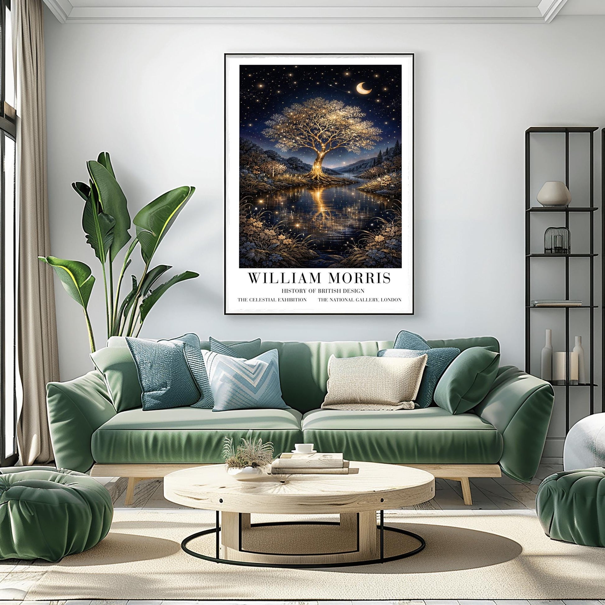 A vertical exhibition poster for "William Morris: History of British Design" at The National Gallery, London. The artwork features a large, glowing golden tree with intricate branches on a small island in the center of a river. The gold of the tree reflects vividly in the dark water below. A crescent moon and shooting star appear in a dark navy sky filled with many small stars. The scene is framed by golden wildflowers and dark hills. Bold black text at the bottom provides the exhibition details