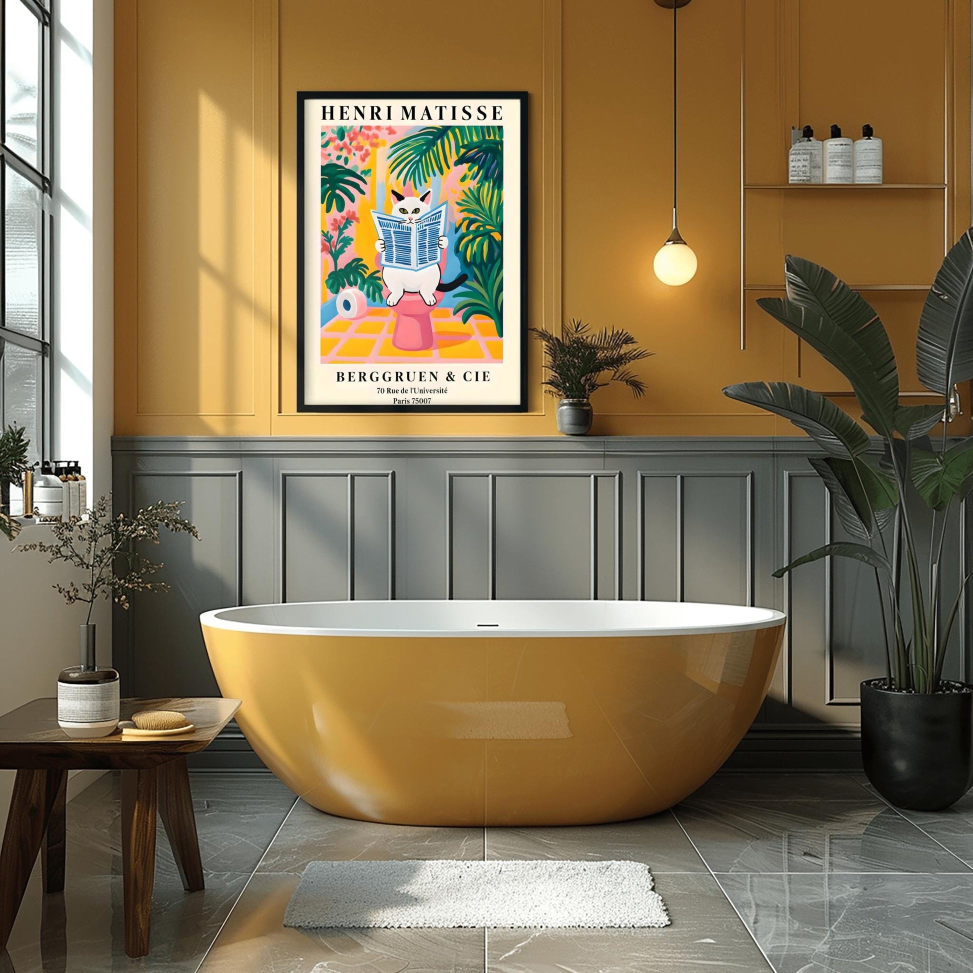 A whimsical, colorful poster in the style of Henri Matisse features an orange and black striped cat with green eyes sitting on a toilet, intently reading a blue-and-white striped newspaper. The bathroom setting is rendered in bold, flat blocks of color, dominated by pink, yellow, and green, with large leafy plants surrounding the cat. A roll of toilet paper is visible to the left. At the top, "HENRI MATISSE" is written in black capital letters.