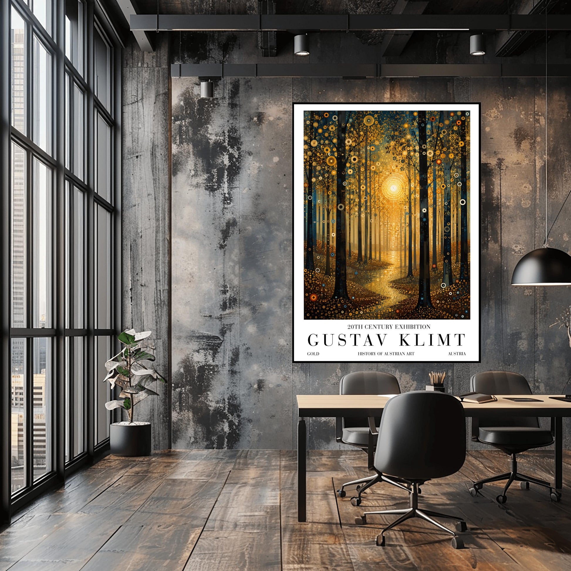 A vertical museum-style exhibition poster with a clean white border. The central illustration depicts a dense forest at sunset or sunrise in the decorative style of Gustav Klimt. A large, bright golden sun made of mosaic rings radiates in the center, casting a glowing path of liquid gold along a winding trail. Tall, dark tree trunks frame the composition, and the leaves and ground are covered in intricate golden spirals, target symbols, and circular patterns with small teal accents.
