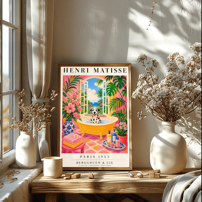 A vertical maximalist art print styled as a Henri Matisse exhibition poster. A black and white spotted Dalmatian dog with its tongue out sits happily in a bright yellow clawfoot bathtub filled with water. The bathroom has hot pink walls, pink and yellow checkered tiles, and is filled with lush green tropical plants and pink flowers. Open arched doors in the background show a view of a blue sea with a white sailboat and palm trees. Bold black text at the top