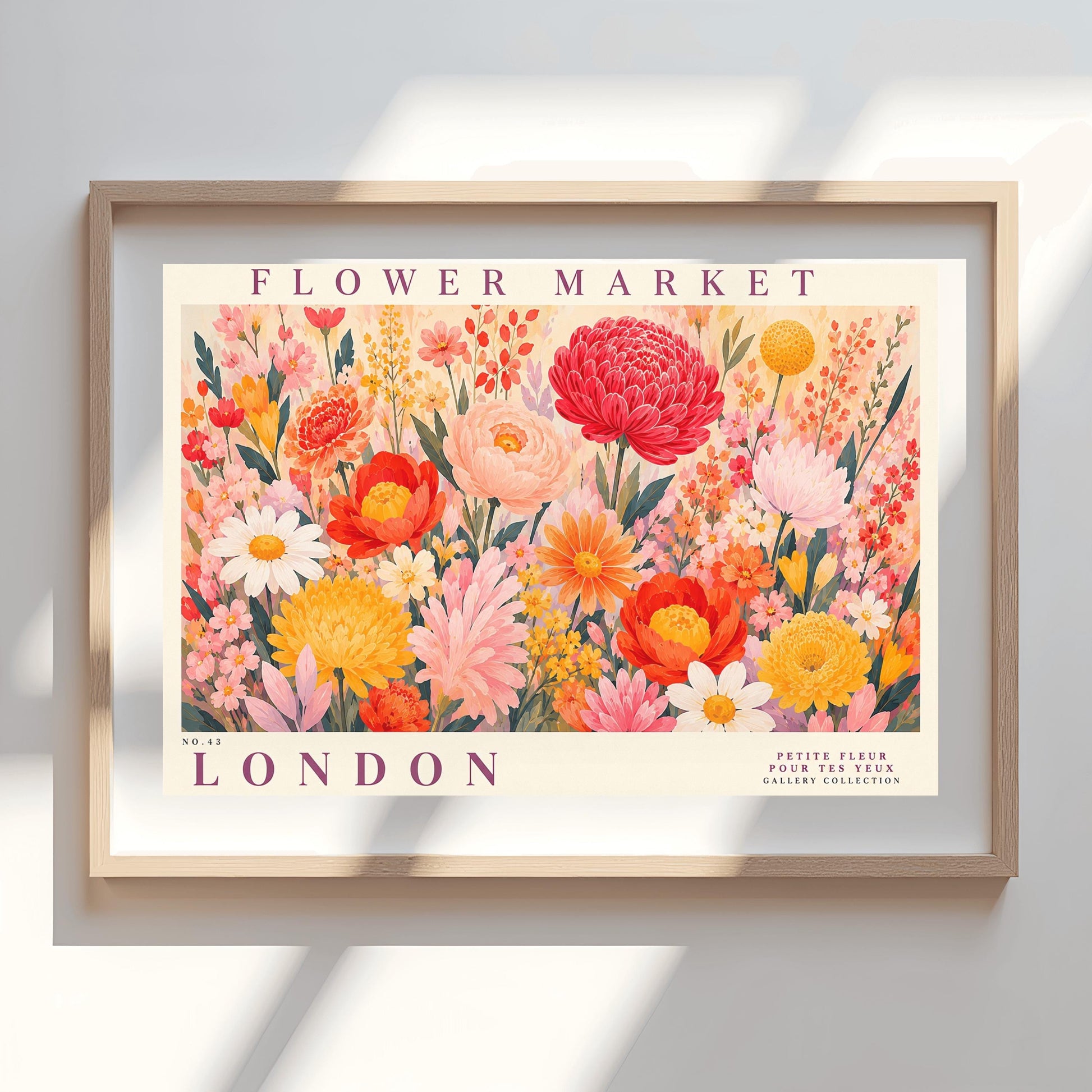 A vibrant, maximalist vintage botanical gallery poster titled "FLOWER MARKET LONDON" in elegant purple typography. The main illustration shows a dense, edge-to-edge meadow of hand-painted wildflowers. The arrangement includes a large crimson red dahlia, soft pink peonies, white daisies with yellow centers, yellow chrysanthemums, and various small orange and pink blossoms nestled among green leaves.