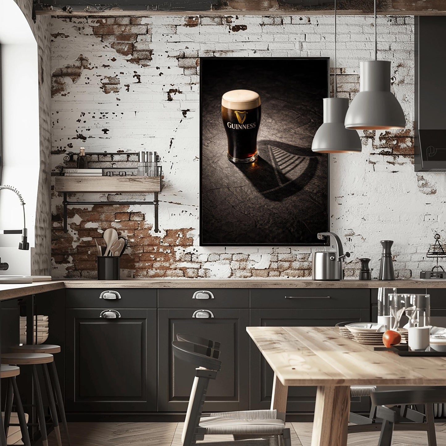 A vertical hyper-realistic photograph of a pint of Guinness on a dark stone surface. A bright light from the side casts a long shadow of the glass that clearly forms the shape of a Celtic harp. The stone is textured and dark, with the glass as the bright focal point.