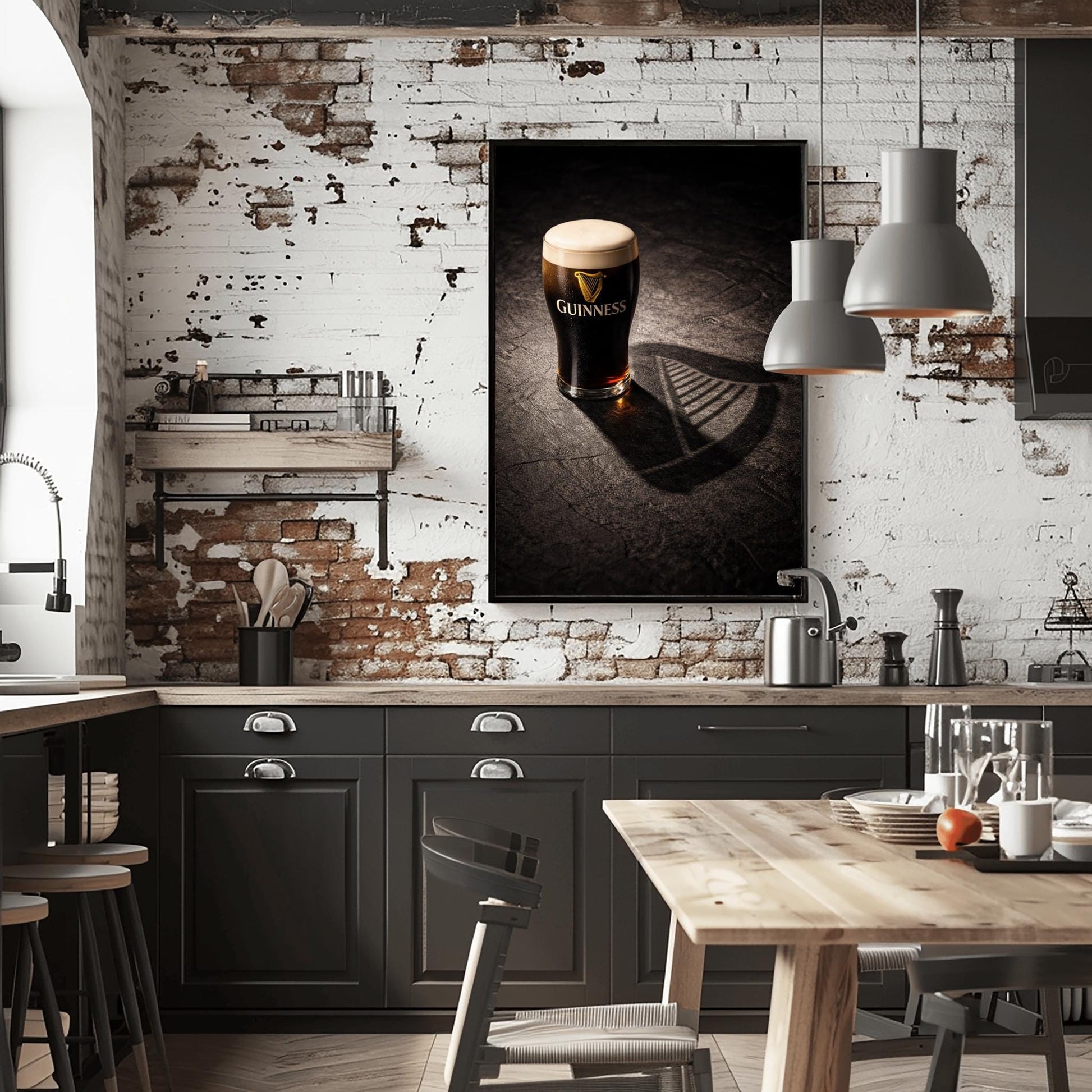 A vertical hyper-realistic photograph of a pint of Guinness on a dark stone surface. A bright light from the side casts a long shadow of the glass that clearly forms the shape of a Celtic harp. The stone is textured and dark, with the glass as the bright focal point.