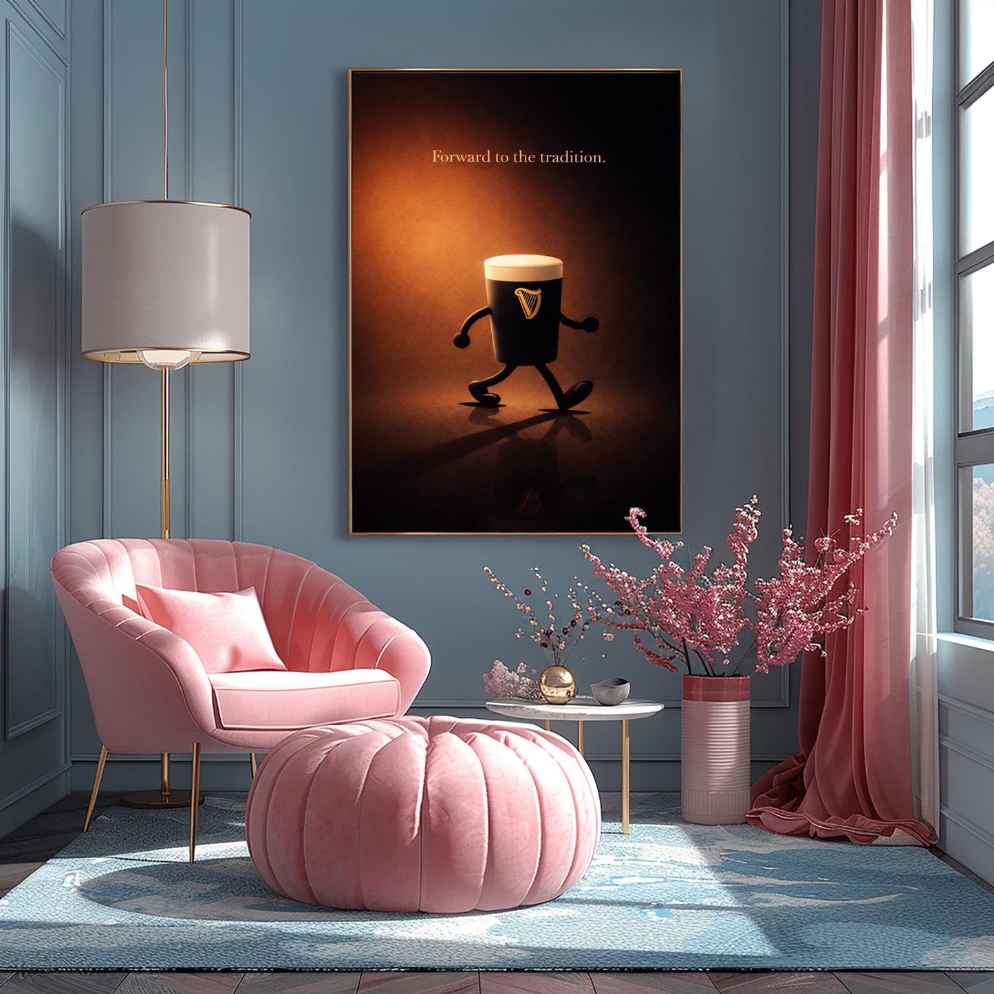 A vertical cinematic illustration of a 3D Guinness pint character with cartoon arms and legs, walking across a reflective dark floor. The background is a warm, glowing amber light. At the top, the words "Forward to the tradition." are written in a gold-colored serif font.