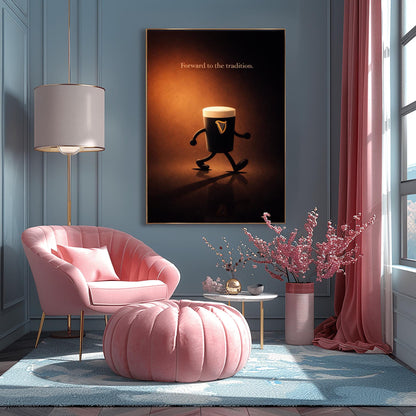 A vertical cinematic illustration of a 3D Guinness pint character with cartoon arms and legs, walking across a reflective dark floor. The background is a warm, glowing amber light. At the top, the words "Forward to the tradition." are written in a gold-colored serif font.