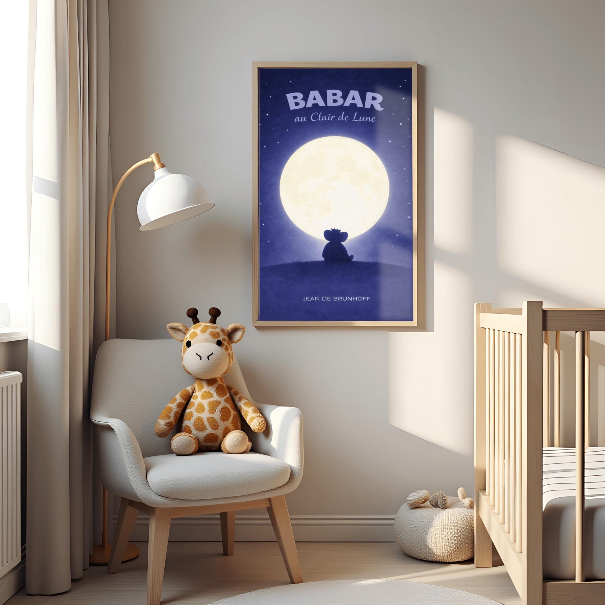 A vertical children's illustration poster titled "BABAR au Clair de Lune" in light blue. The scene shows the dark silhouette of an elephant (Babar) wearing a crown, sitting on a dark hill. A large, bright white full moon is centered behind him. The sky is a deep indigo blue filled with many small, twinkling white stars. The name "JEAN DE BRUNHOFF" is at the bottom.