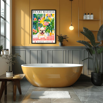 A vertical fine art exhibition poster in the style of Henri Matisse featuring a wide cream border. Bold black text reads "HENRI MATISSE" at the top and "PARIS 1953" at the bottom with two pink paw prints. The colorful painting inside depicts a cream French bulldog sitting in a bubble bath behind a pink tiled ledge, surrounded by a dense backdrop of green and blue tropical leaves, pink flowers, and yellow patterns.