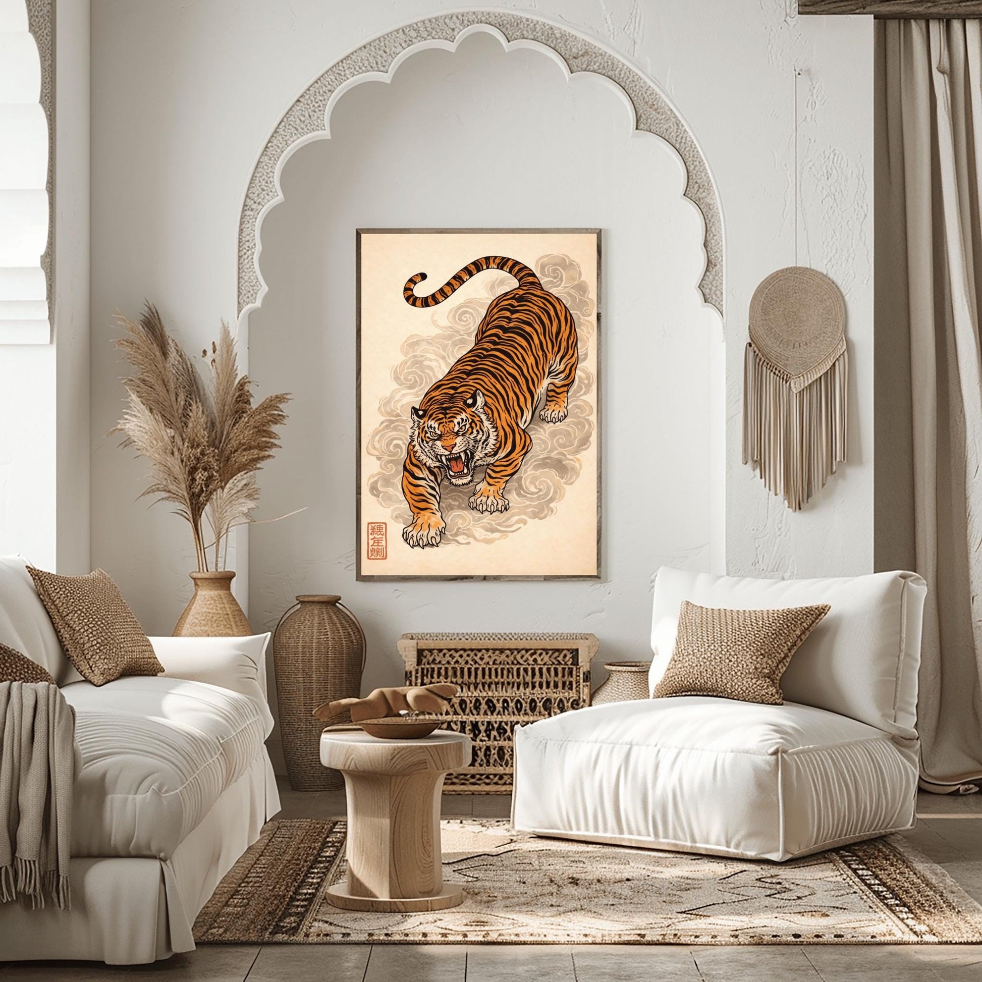 A vertical Japanese-style art print of an orange and black striped tiger prowling forward with an open mouth and fierce expression. The tiger is surrounded by stylized, swirling grey clouds of mist. The background is a textured light cream color, and a red square calligraphy seal is visible in the bottom left corner. The style is reminiscent of traditional ukiyo-e woodblock prints.