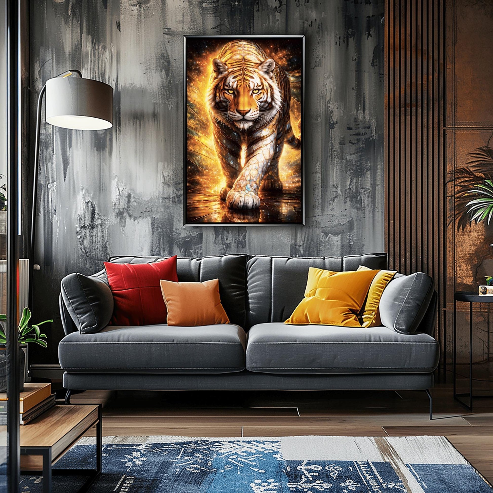 A vertical full-bleed illustration of a tiger in the style of Gustav Klimt. The tiger is prowling forward toward the viewer, its body covered in golden mosaic patterns and glowing orange light. The background is a swirl of amber sparks and gold-leaf textures.