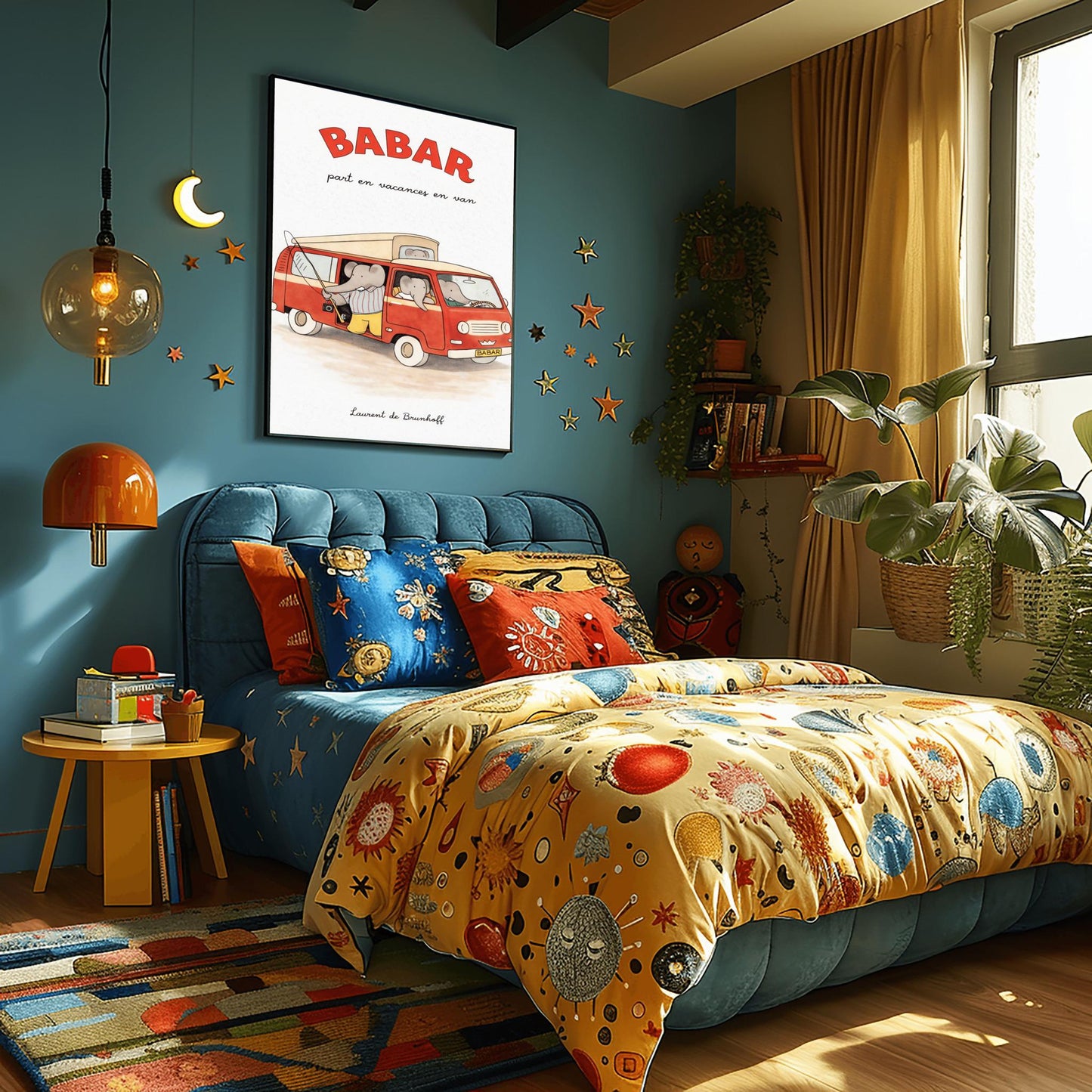 A vertical art print titled "BABAR part en vacances en van" in large red letters. A retro red and cream camper van is filled with grey elephants. One elephant in a striped shirt holds a fishing rod out the side door, and another sits in the driver's seat. The van has a "BABAR" license plate and a gold crown symbol on the grill. The artist's name, "Laurent de Brunhoff," is at the bottom of the cream-colored, textured background.