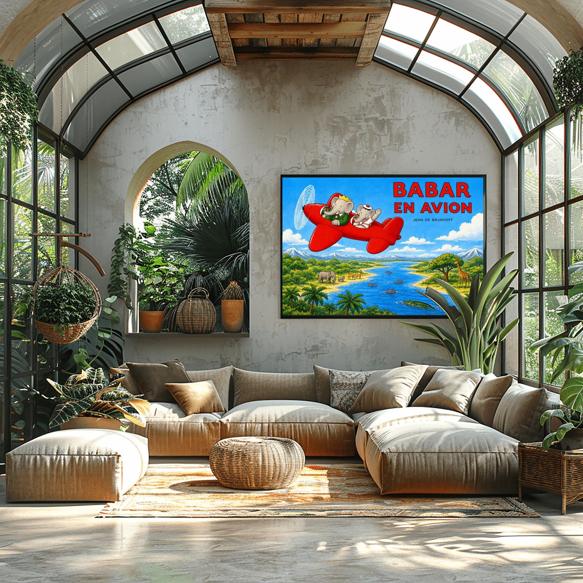 A horizontal watercolor-style illustration of Babar the Elephant flying a bright red propeller plane. Babar wears a green suit and crown, while a smaller elephant in a white sailor suit waves from the back seat. They fly over a vibrant safari landscape with a winding blue river filled with hippos and a crocodile. On the riverbanks are giraffes, antelopes, elephants, and palm trees. Snow-capped mountains rise in the distance under a blue sky. Large red text reads "BABAR EN AVION."