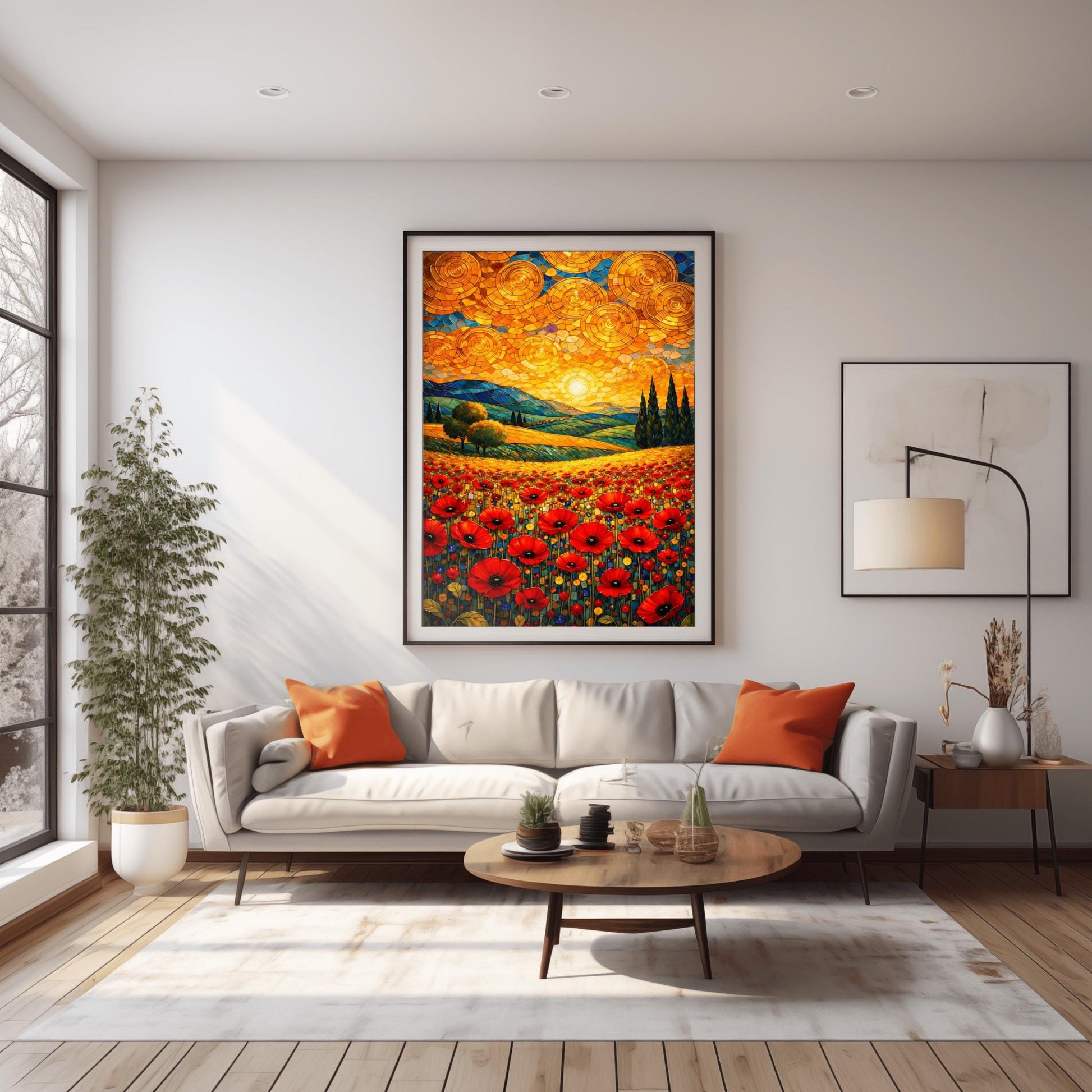 A vertical fine art print in the style of Gustav Klimt. A foreground of vibrant red poppies leads to rolling blue and green hills with cypress trees. The sky is filled with large, shimmering golden spirals and a bright sun, created in a mosaic style.