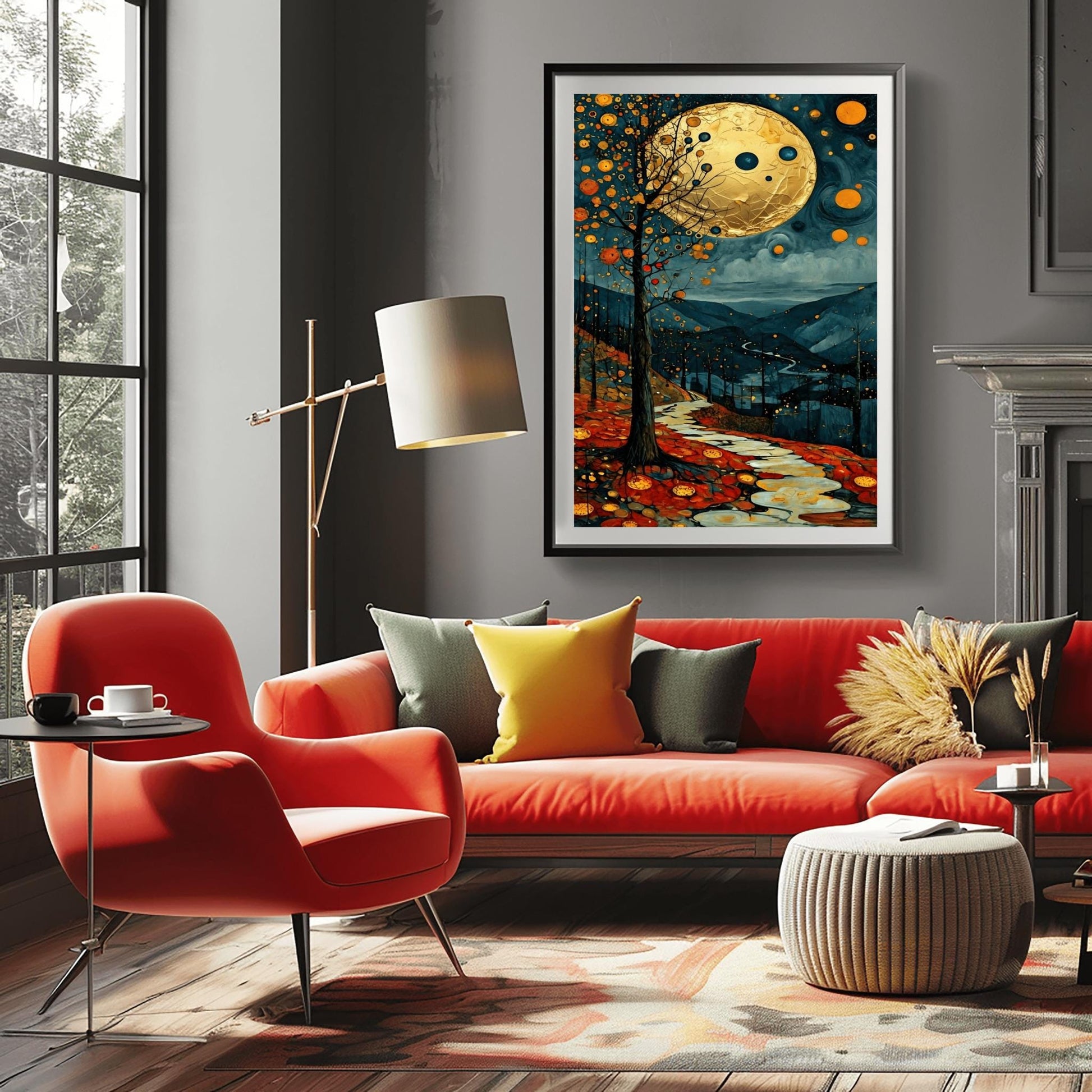 A vertical fine art painting in the style of Gustav Klimt. A massive, textured golden moon hangs in a dark, starlit sky above rolling teal mountains. A white, winding stone path leads through a foreground of orange and red autumn leaves. On the left, a slender tree is decorated with golden mosaic orbs. The overall style is rich in texture and golden ornamentation.