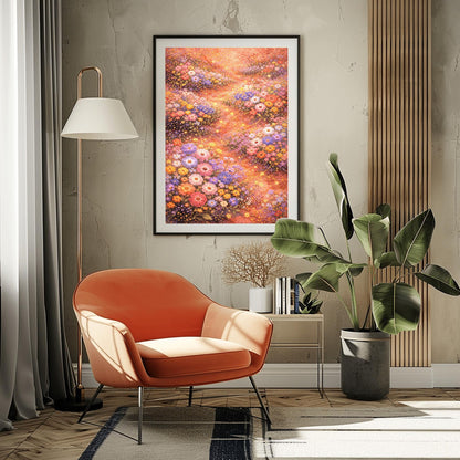 A vertical, highly detailed Art Nouveau-style illustration of a dense wildflower meadow. Stylized flowers in shades of lavender, coral, and orange are outlined in gold. Shimmering golden particles float between the blooms against a warm, glowing amber background.