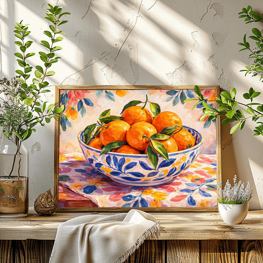A horizontal painterly illustration of a large blue and white patterned ceramic bowl filled with bright oranges and green leaves. The bowl sits on a table covered with a pink and yellow floral cloth, with a matching soft floral pattern in the background.