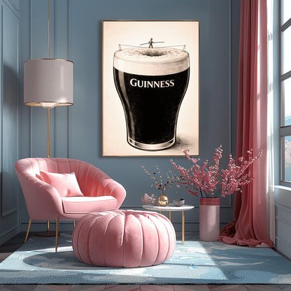A vertical charcoal-style illustration of a pint of Guinness. A tiny silhouette of a person balances on a tightrope stretched across the white foam at the top of the glass. The body of the beer is deep black with the word "GUINNESS" in white. The background is a light, textured cream.