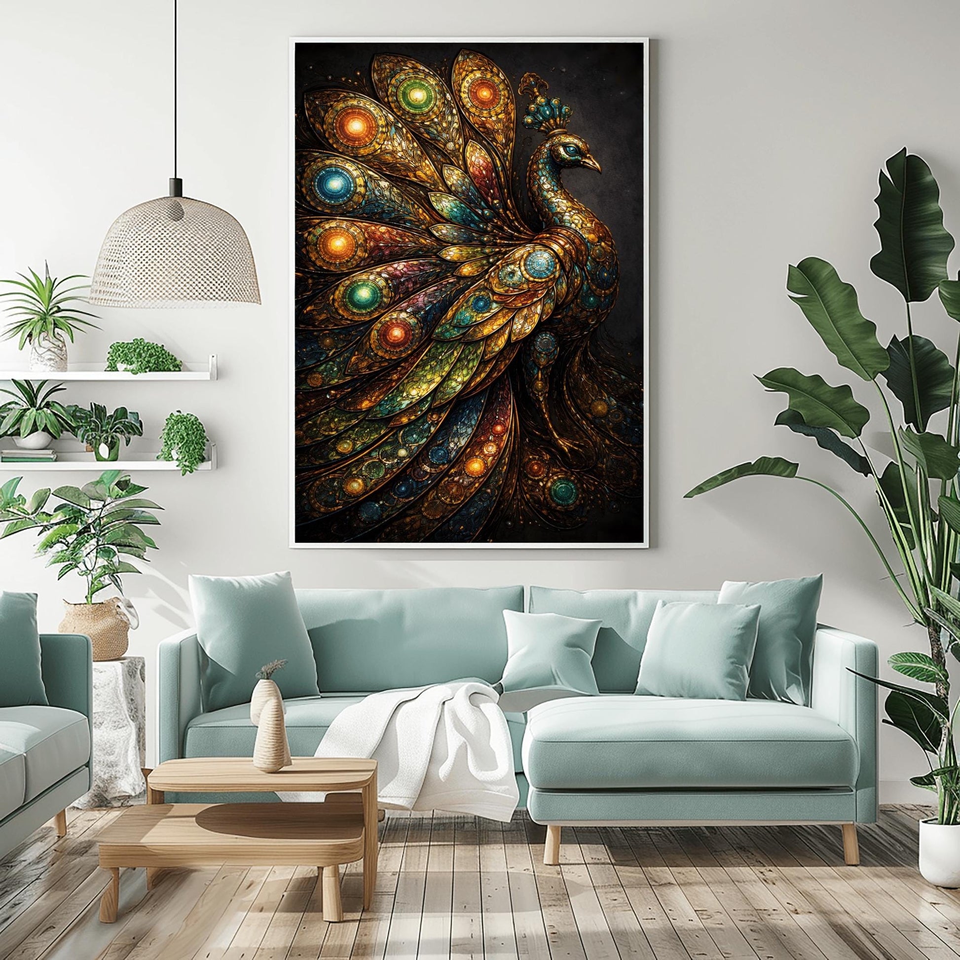 A vertical full-bleed illustration of a peacock in the style of Gustav Klimt. The peacock’s body is covered in golden mosaic patterns. Its massive tail features glowing circles of green, blue, and amber, resembling stained glass. The background is dark and textured.