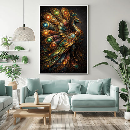 A vertical full-bleed illustration of a peacock in the style of Gustav Klimt. The peacock’s body is covered in golden mosaic patterns. Its massive tail features glowing circles of green, blue, and amber, resembling stained glass. The background is dark and textured.