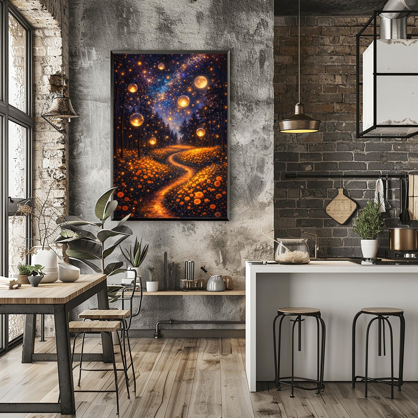 A vertical fine art print in the style of Gustav Klimt. Several large, glowing golden orbs float in a dark forest above a meadow of orange wildflowers. A winding path of golden light leads into the trees. The night sky is filled with a brilliant Milky Way and a large, glowing full moon.