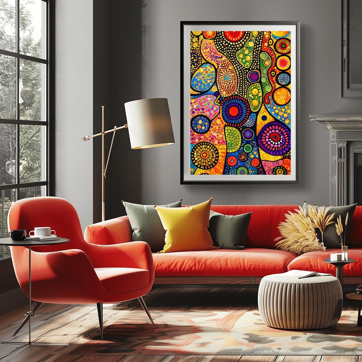 A vertical fine art print in the style of Gustav Klimt. An abstract composition of organic, flowing shapes filled with colorful dots, circles, and geometric patterns in red, blue, green, and orange. Shimmering gold leaf textures and "pebbled" patterns are interspersed throughout, set against a dark, structured background.