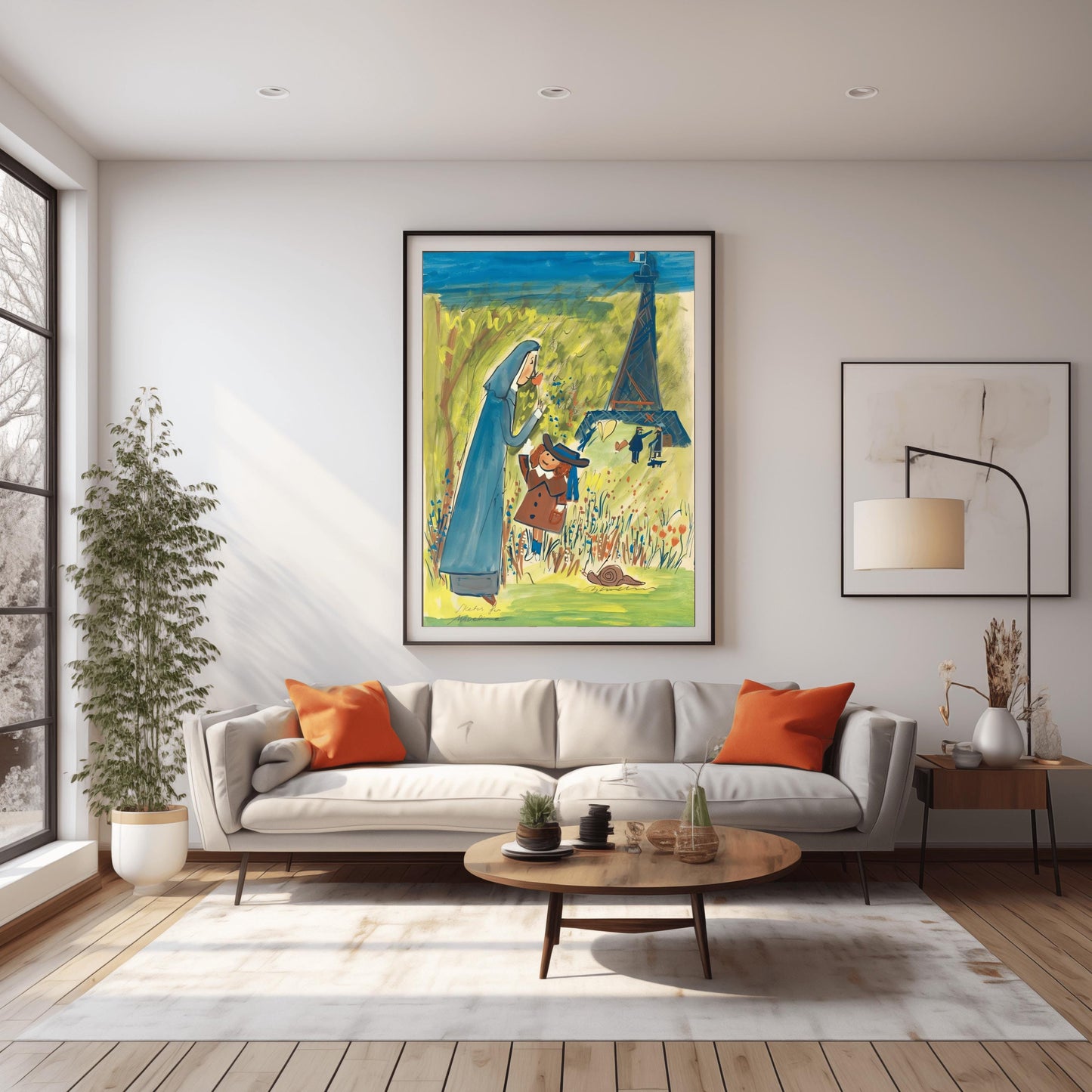 A vertical watercolor illustration in a whimsical, sketchy style. In the foreground, a nun in a tall blue habit bends down to smell an orange flower held by a young girl in a brown coat and a blue hat. They stand in a bright green field filled with red and blue wildflowers, with a brown snail nearby. In the background, a blue, impressionistic Eiffel Tower stands against a yellow-green sky with a French flag at its peak. Several small, sketchy figures walk in the distance.
