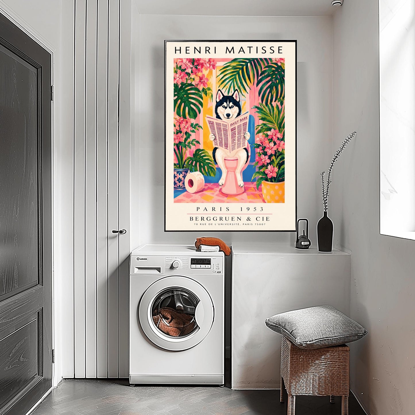 A vertical vintage-style art exhibition poster titled "HENRI MATISSE" at the top and "PARIS 1953 BERGGRUEN & CIE" at the bottom,. The center illustration shows a black-and-white Siberian Husky with blue eyes sitting on a pink toilet in a bright pink and yellow bathroom, reading a newspaper titled "DAILY BARK". The scene is framed by large green tropical leaves, bright pink flowers, a blue-and-white patterned planter, and a roll of toilet paper on the floor.