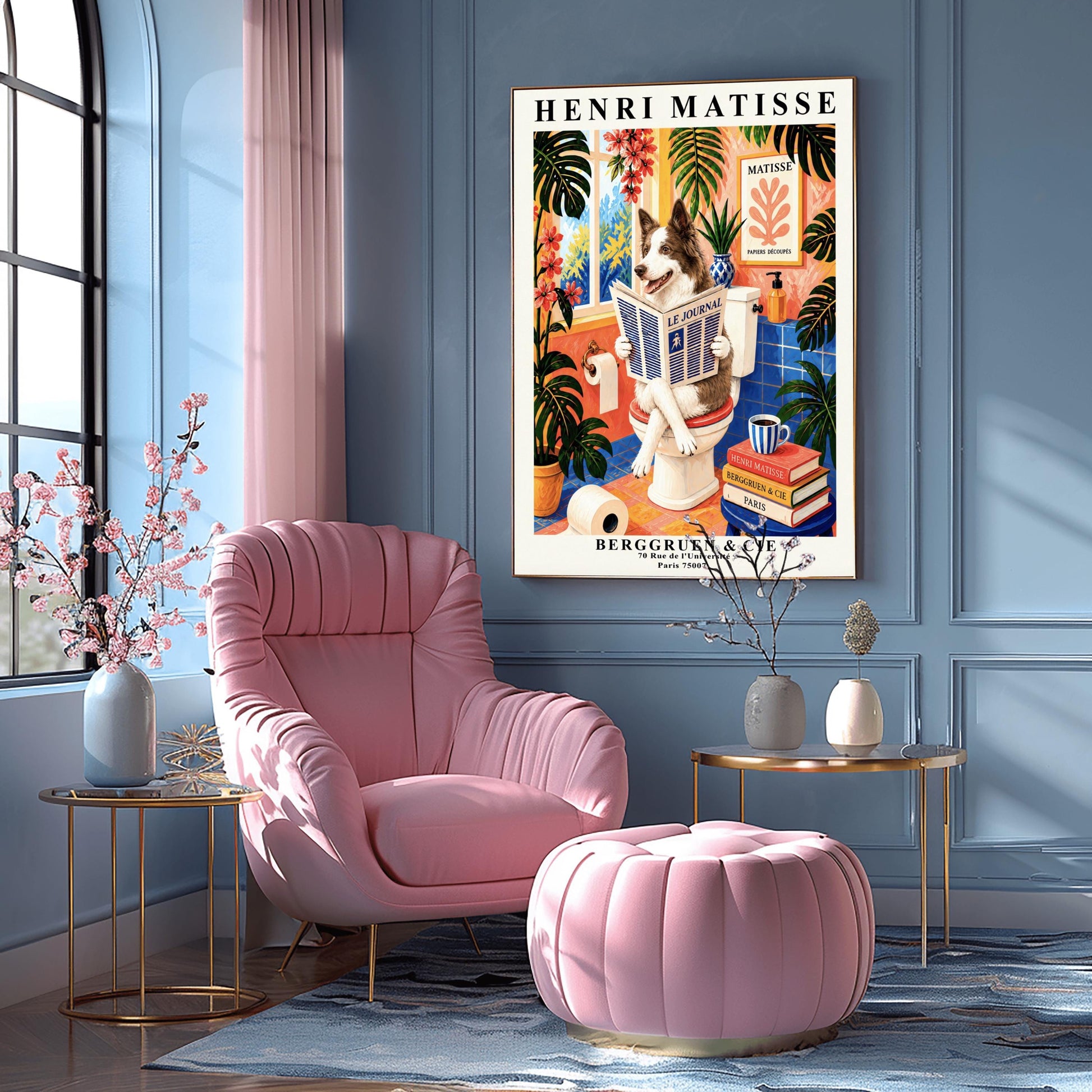 A vertical retro French exhibition poster styled after Henri Matisse with a wide ivory border. The central image shows a vibrant bathroom illustration where a fluffy brown-and-white border collie dog sits upright on a white toilet, holding and reading a newspaper titled "LE JOURNAL" with a happy, alert expression. The room features cobalt blue floor and wall tiles, coral pink walls, and large potted monstera plants with cascading pink flowers
