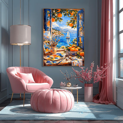 A vertical painterly illustration of an artist's studio window. In the foreground, a table holds a paint palette, brushes in a jar, and a bowl of oranges. Outside the open blue shutters, a sailboat drifts on a blue sea next to a coastal town and mountains.