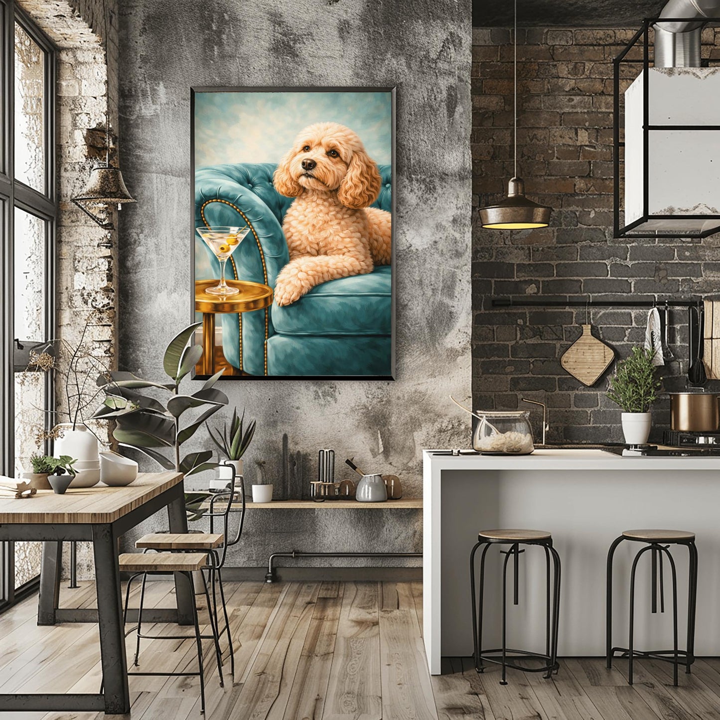 A vertical oil-style painting of a fluffy, tan-colored cockapoo with big brown eyes sitting on a plush, light teal velvet tufted sofa. To the left, a martini glass with two olives sits on a round, polished gold side table. The background is a soft, textured sky blue, and the overall lighting is bright and elegant.