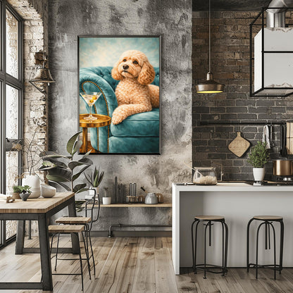 A vertical oil-style painting of a fluffy, tan-colored cockapoo with big brown eyes sitting on a plush, light teal velvet tufted sofa. To the left, a martini glass with two olives sits on a round, polished gold side table. The background is a soft, textured sky blue, and the overall lighting is bright and elegant.