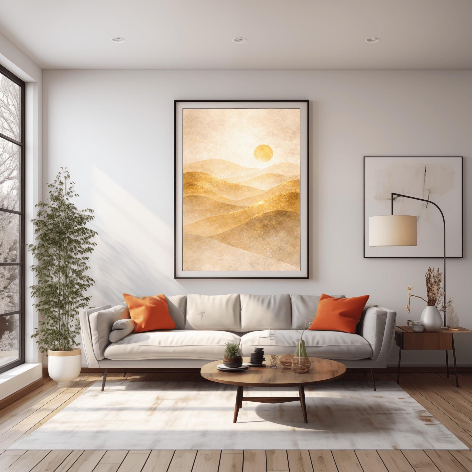 A vertical minimalist landscape in Art Nouveau style. Rolling desert dunes in shades of beige and tan are highlighted with shimmering golden dust on their ridges. A circular golden sun hangs in a hazy, textured cream sky.