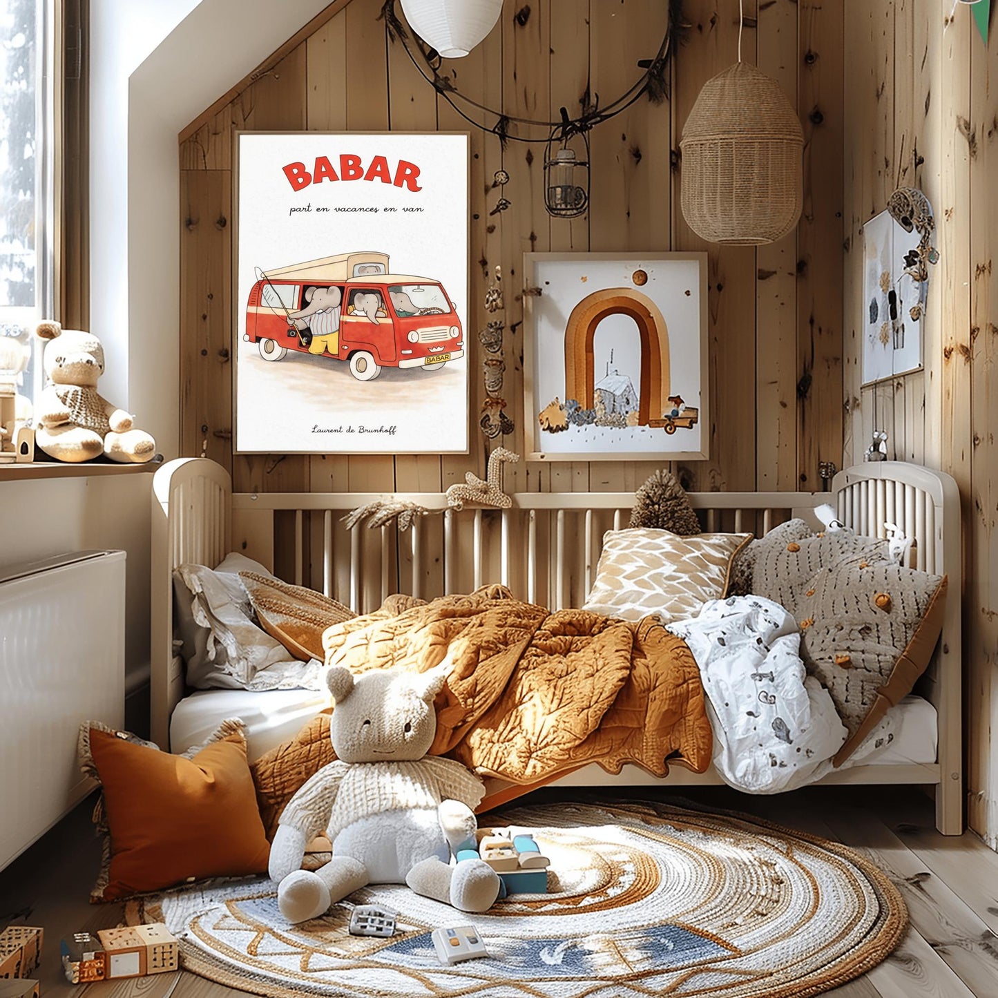 A vertical art print titled "BABAR part en vacances en van" in large red letters. A retro red and cream camper van is filled with grey elephants. One elephant in a striped shirt holds a fishing rod out the side door, and another sits in the driver's seat. The van has a "BABAR" license plate and a gold crown symbol on the grill. The artist's name, "Laurent de Brunhoff," is at the bottom of the cream-colored, textured background.