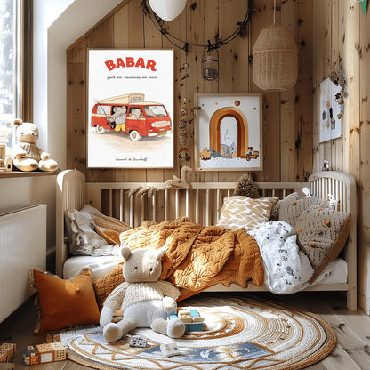 A vertical art print titled "BABAR part en vacances en van" in large red letters. A retro red and cream camper van is filled with grey elephants. One elephant in a striped shirt holds a fishing rod out the side door, and another sits in the driver's seat. The van has a "BABAR" license plate and a gold crown symbol on the grill. The artist's name, "Laurent de Brunhoff," is at the bottom of the cream-colored, textured background.