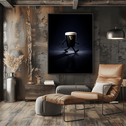 A vertical cinematic illustration of a 3D Guinness pint character with cartoon arms and legs, walking across a reflective dark floor. The background is a dark, moody void with a faint blue atmospheric glow. The pint features a crisp white foam head and a golden harp logo.