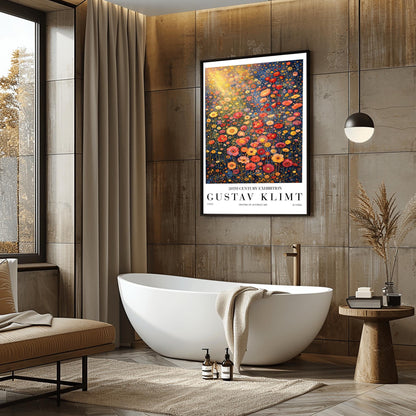 A vertical museum exhibition poster in the style of Gustav Klimt. A dense field of stylized poppies and wildflowers in coral, red, and yellow fills the frame. A bright golden sunburst glows from the top left. The background is a dark navy blue. Bold black text at the bottom reads "GUSTAV KLIMT" and "HISTORY OF AUSTRIAN ART."