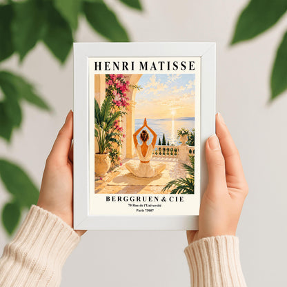 Henri Matisse style poster featuring a woman meditating in a yoga pose on a Mediterranean terrace overlooking the sea at sunset, surrounded by tropical plants, pink flowers, elegant architecture, and warm golden coastal scenery.
