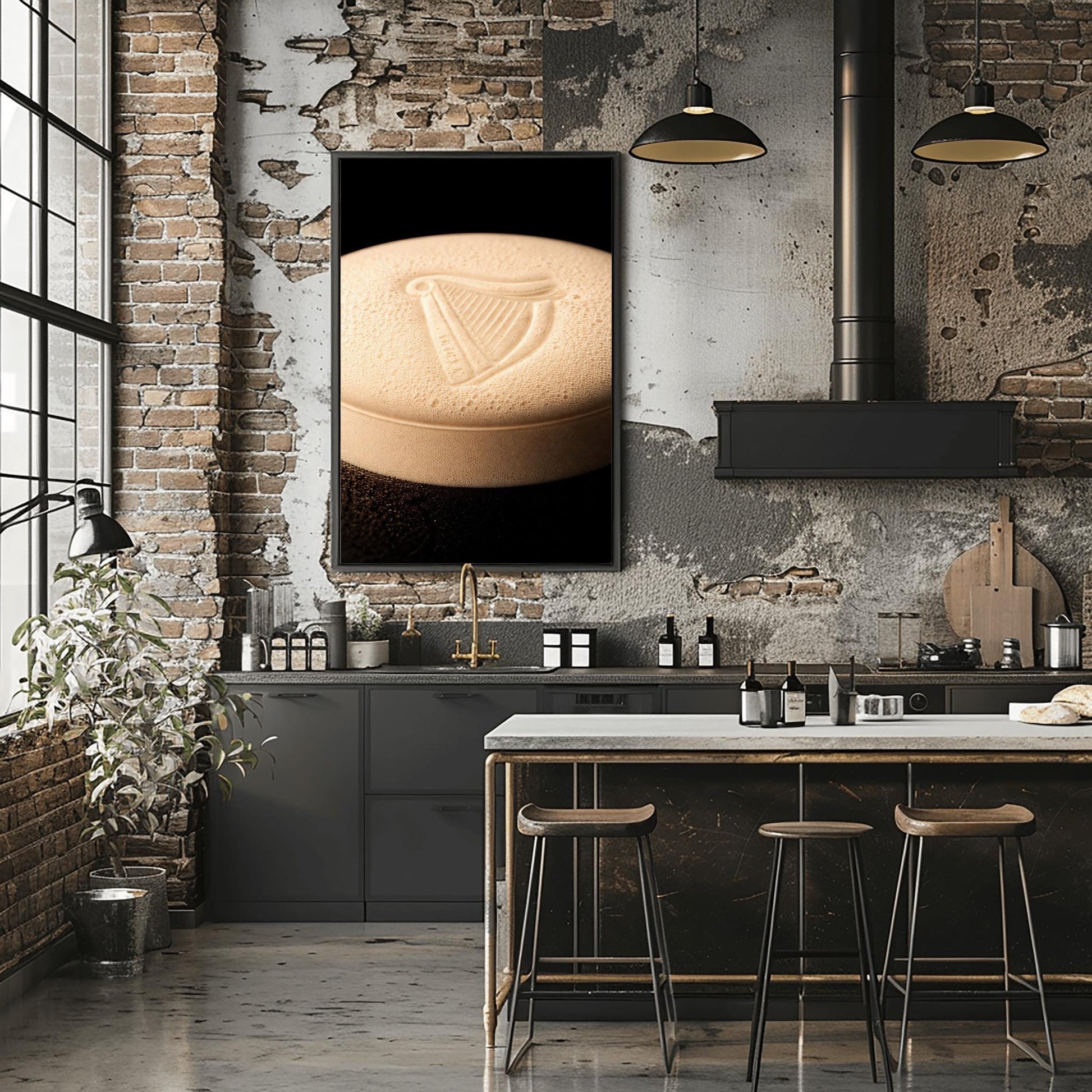 A vertical macro photograph of the thick, creamy foam head on a pint of Guinness. The iconic Guinness harp is embossed into the center of the velvety bubbles. The image features warm cream tones against a dark, shadowy background.