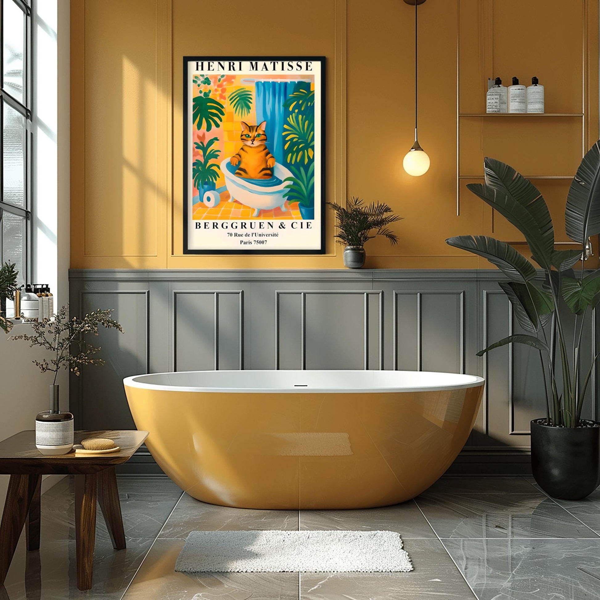 Funny Tabby Cat Bath Art Print, Matisse Style Bathroom Wall Decor, Pink Dopamine Mid Century Modern Illustration