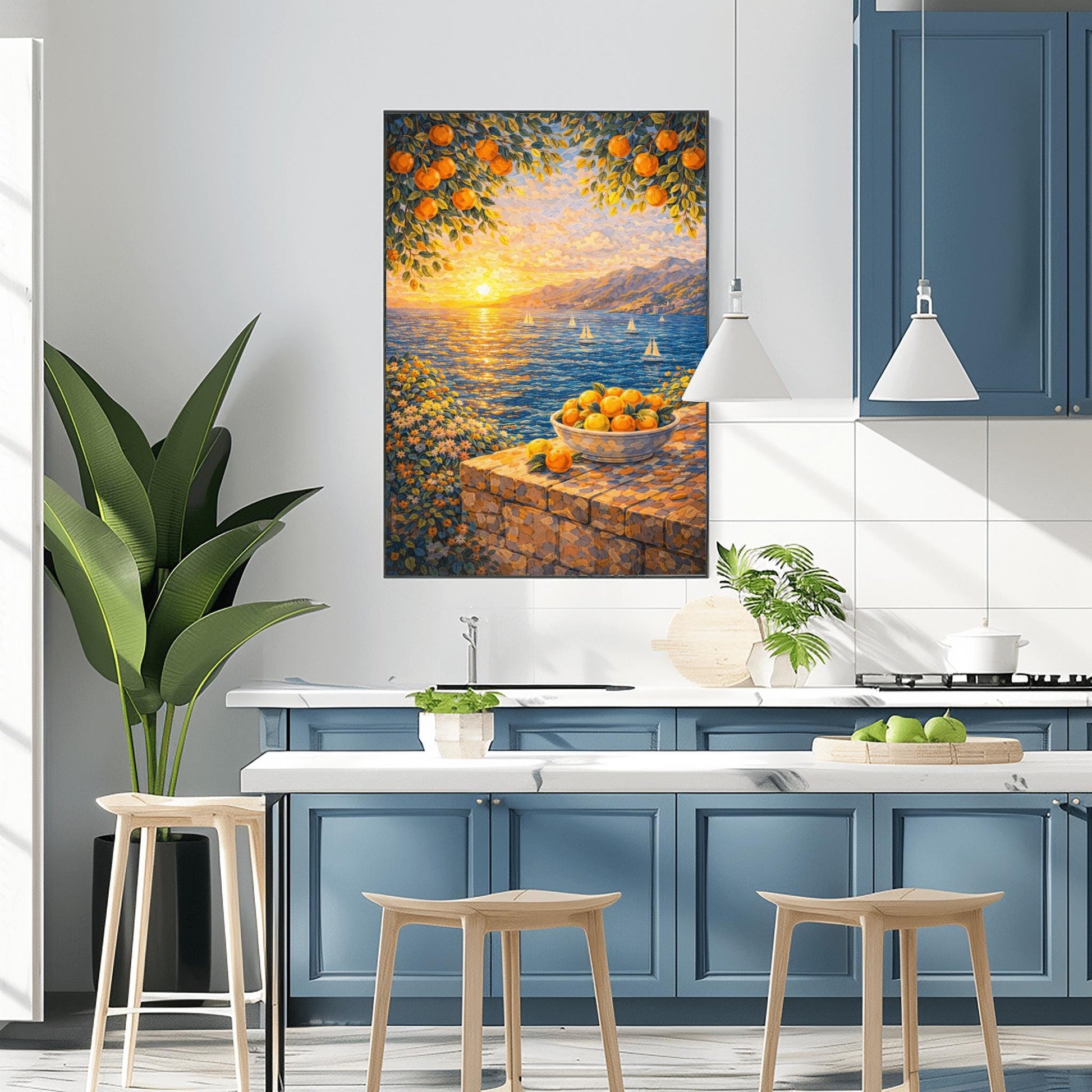 A vertical painterly illustration of a Mediterranean sunset. A low sun shines over a blue sea with sailboats, casting a golden reflection. In the foreground, a bowl of oranges sits on a stone wall. Orange tree branches frame the top of the scene.