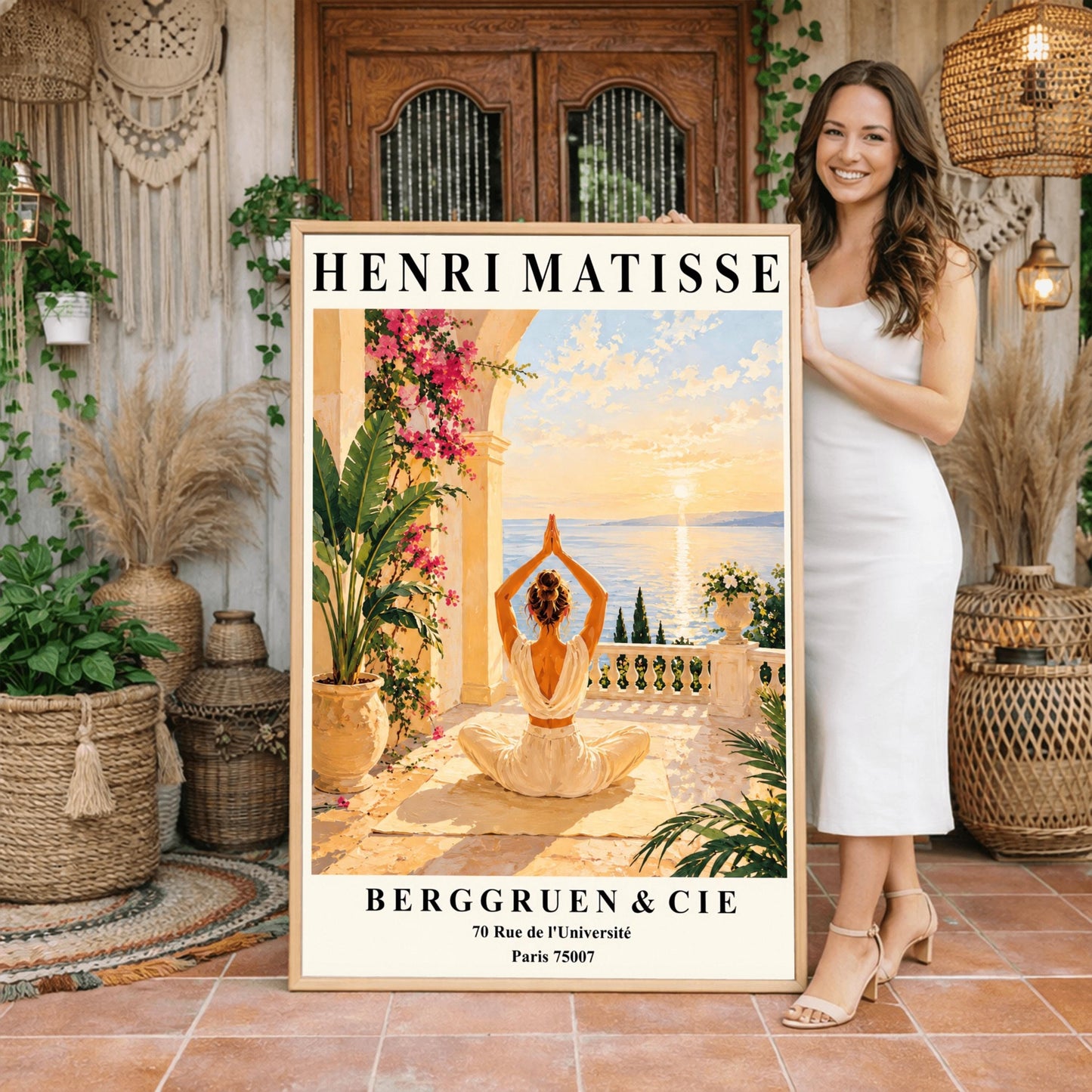 Henri Matisse style poster featuring a woman meditating in a yoga pose on a Mediterranean terrace overlooking the sea at sunset, surrounded by tropical plants, pink flowers, elegant architecture, and warm golden coastal scenery.