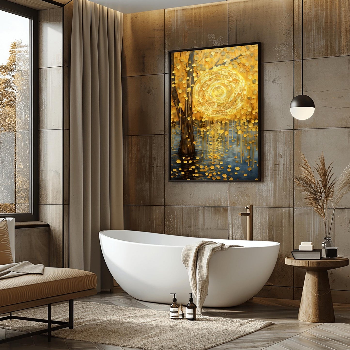 A vertical abstract landscape in the style of Gustav Klimt. A large, swirling golden sun hangs in a warm gold sky next to a dark tree trunk. Cascading golden discs fall from the tree like rain into dark blue water below. The entire scene is filled with intricate spiral textures and shimmering gold leaf effects.