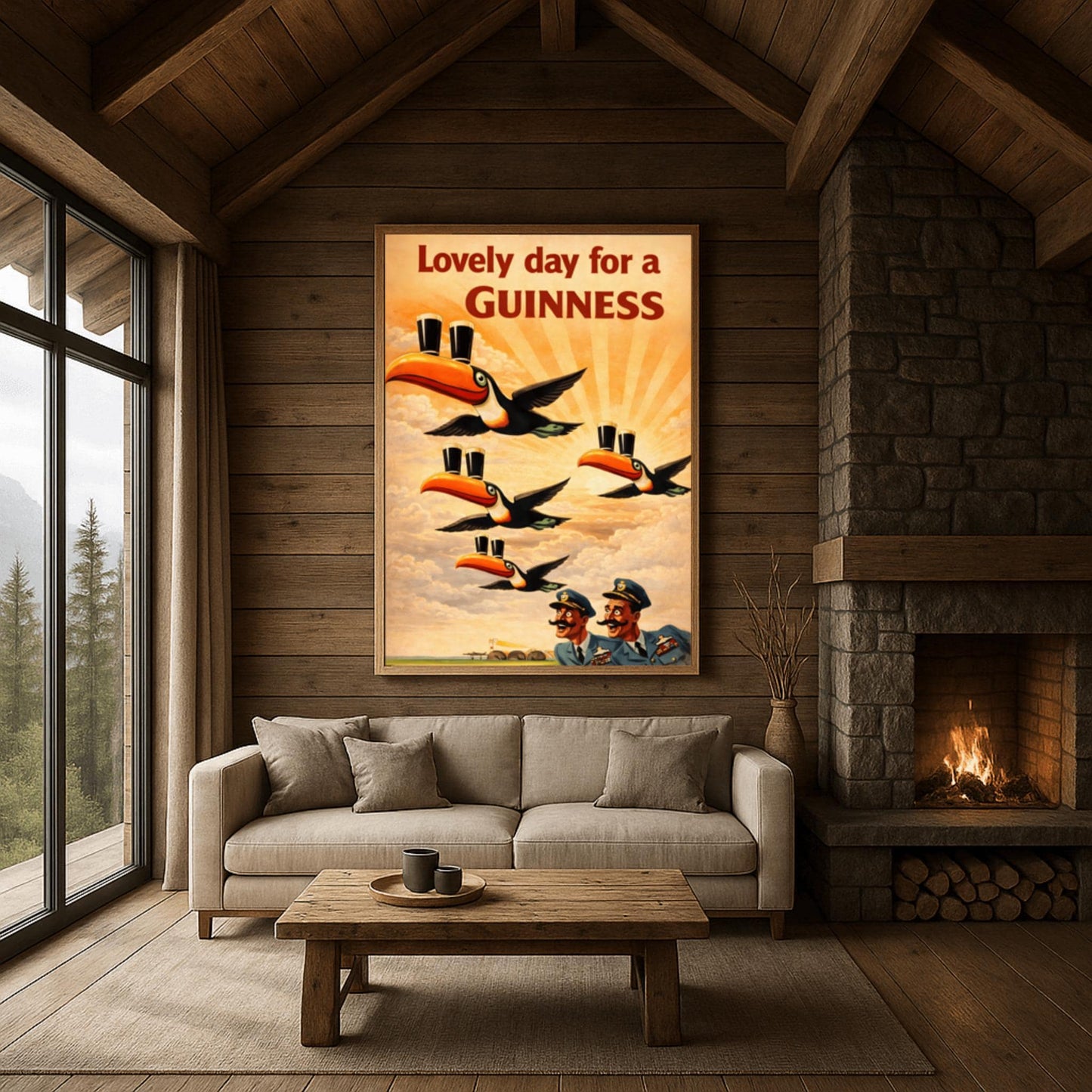 A vertical vintage-style advertising poster for Guinness. Four toucans fly through a sepia-toned sky with sunbeams, each balancing two pints of beer on its beak. Two surprised pilots in blue uniforms look up from the bottom right. Red text at the top reads "Lovely day for a GUINNESS."
