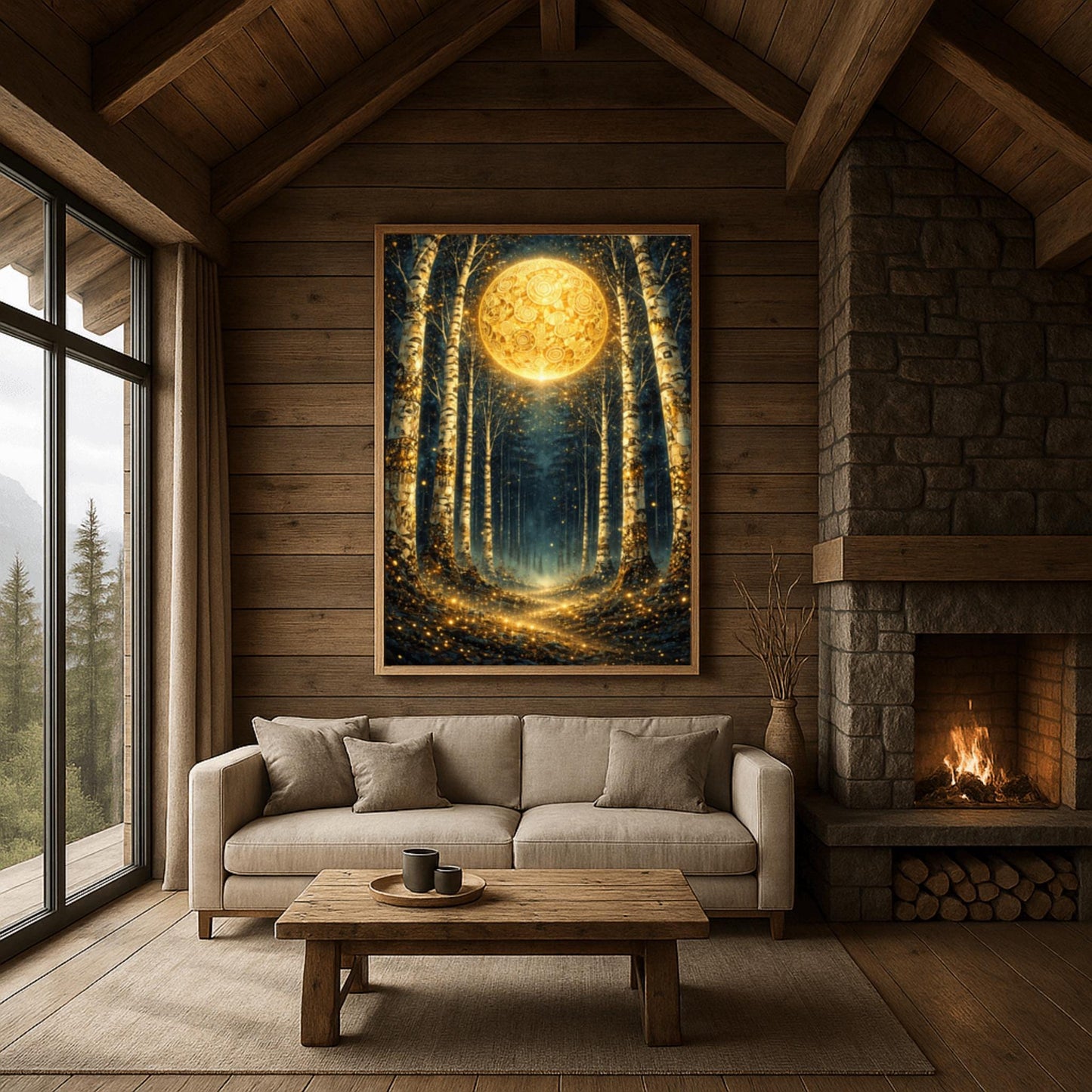 A vertical digital illustration of a birch forest at night. A large, ornate golden moon with swirling patterns glows at the end of a path. The white birch trees are speckled with gold. The ground is covered in sparkling golden lights against a deep dark blue background.