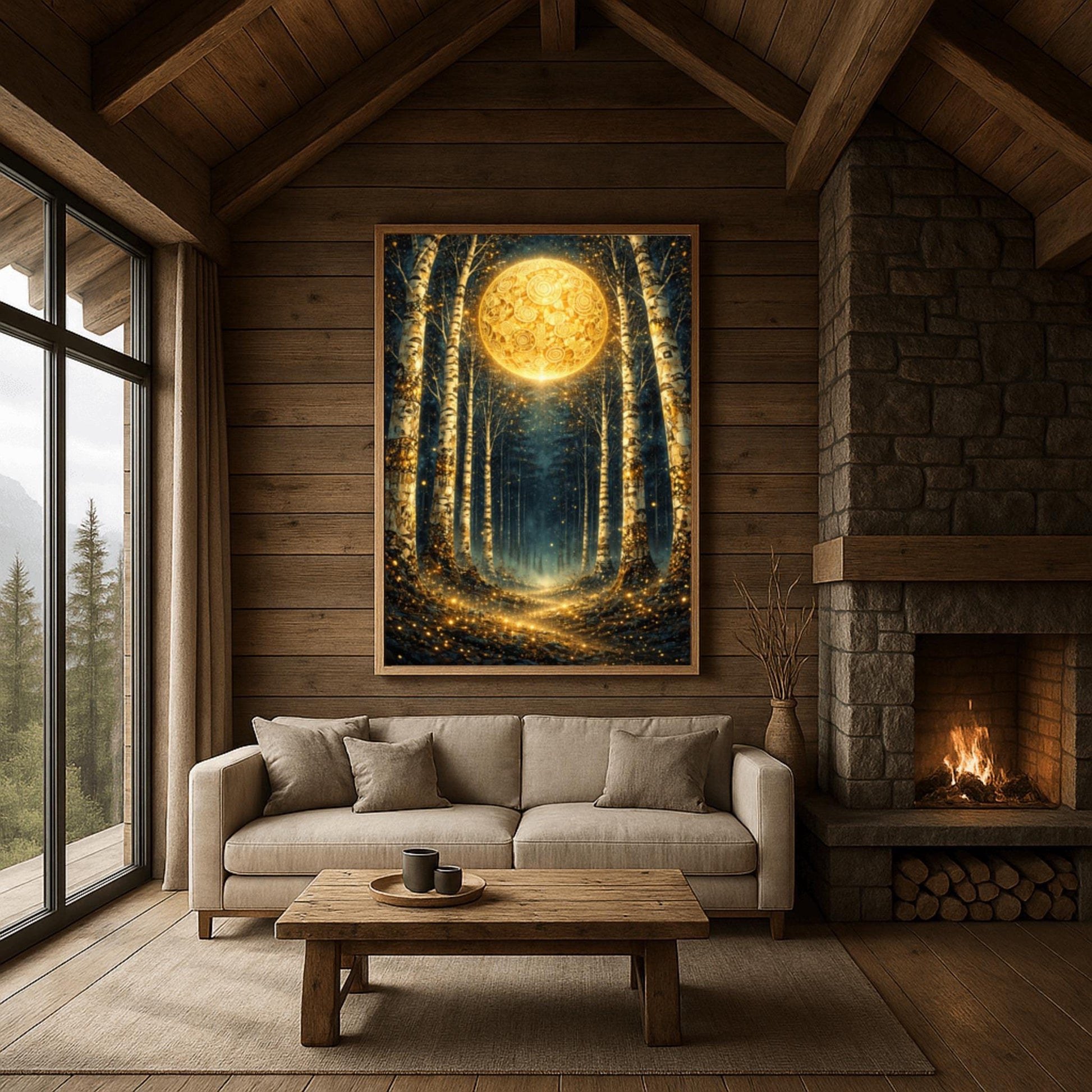 A vertical digital illustration of a birch forest at night. A large, ornate golden moon with swirling patterns glows at the end of a path. The white birch trees are speckled with gold. The ground is covered in sparkling golden lights against a deep dark blue background.