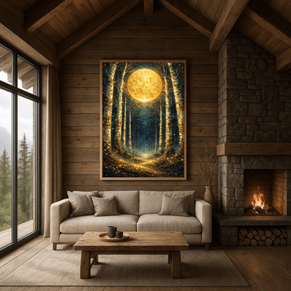 A vertical digital illustration of a birch forest at night. A large, ornate golden moon with swirling patterns glows at the end of a path. The white birch trees are speckled with gold. The ground is covered in sparkling golden lights against a deep dark blue background.