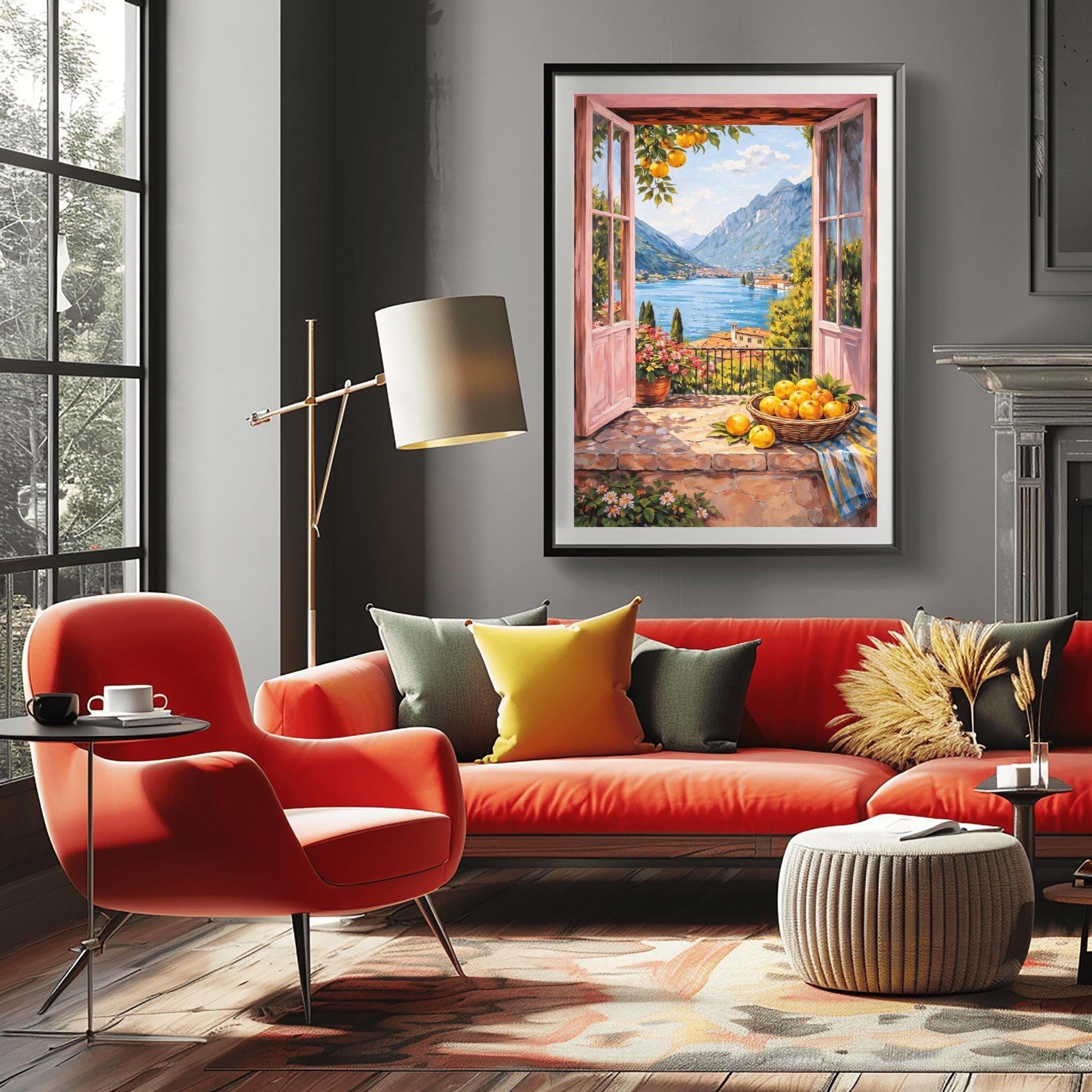 A vertical painterly illustration looking through open pink French doors onto a large blue lake surrounded by tall mountains. A woven basket of lemons sits on a stone ledge in the foreground next to a striped cloth and a pot of pink flowers.