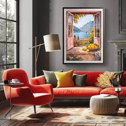 A vertical painterly illustration looking through open pink French doors onto a large blue lake surrounded by tall mountains. A woven basket of lemons sits on a stone ledge in the foreground next to a striped cloth and a pot of pink flowers.