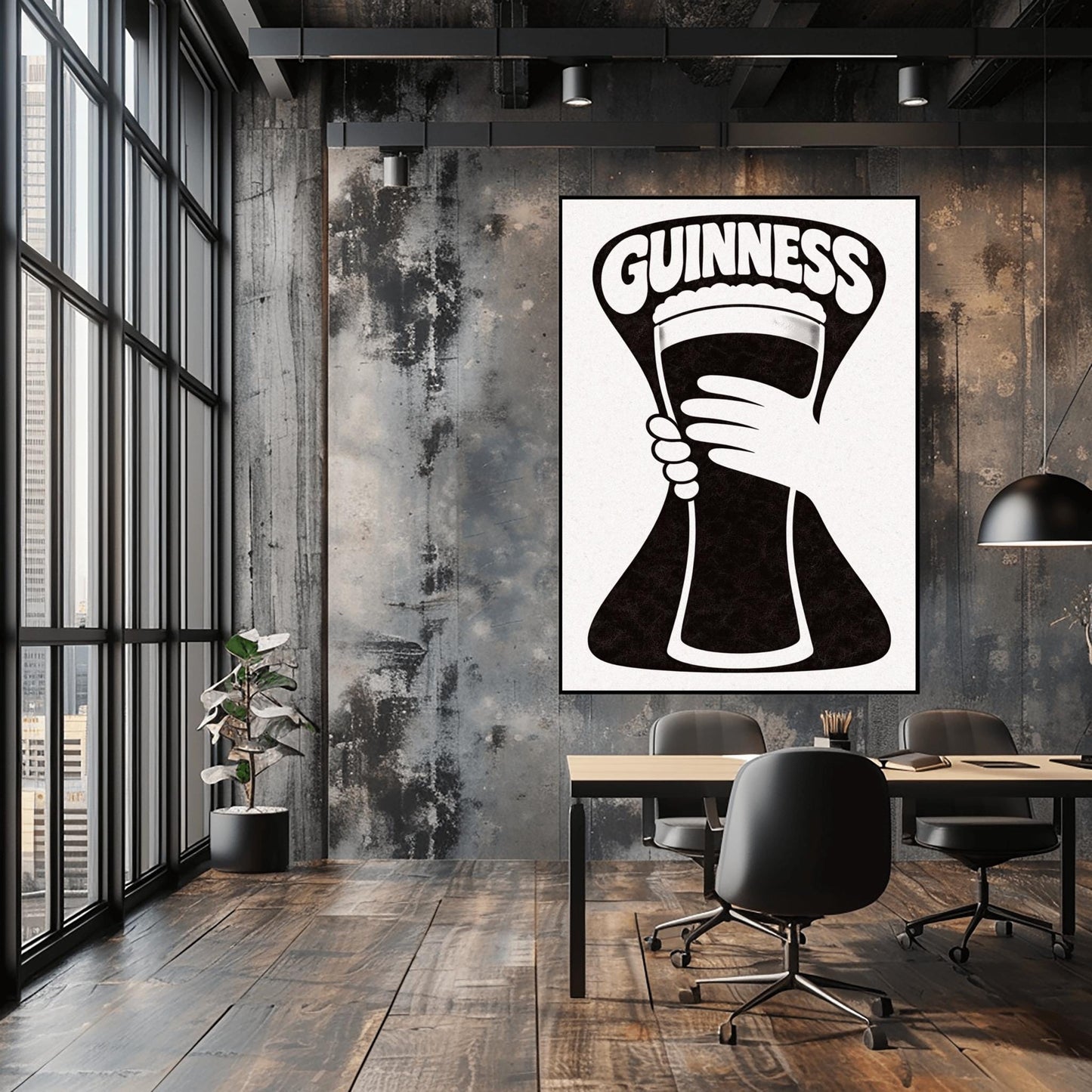 A vertical minimalist graphic in black and white. A large, black hourglass-shaped background features a white hand silhouette holding a pint glass made of negative space. The word "GUINNESS" is arched in bold white text at the top.